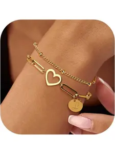 2 Pcs Initial Bracelets for Women, 14K Gold Plated Stainless Steel Personalized Engraved A-Z Letter Bracelet Layered Heart Monogram Name Coin Disc Charm Stackable Stack Stacked Stacking Bracelet Set