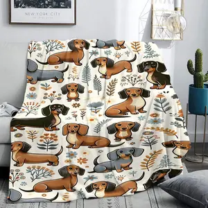 Dachshund Pattern Flannel Blanket, Casual Soft Throw Blanket, Air-conditioned Room Blanket, Warm Nap Blanket for Home & Office, Animal Blankets