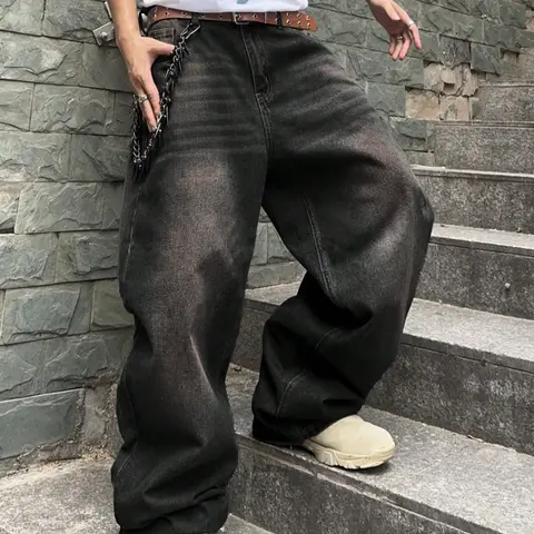 Straight Leg Denim Jeans Cotton Slant Pockets Washed Jean, Casual Versatile Plain Streetwear Fashion Aesthetic Wide Leg Jeans, Loose Fitting Denim, Couple Matching Straight Fit Loose Fit Plain Denim Trousers, Relaxed Fit Jeans