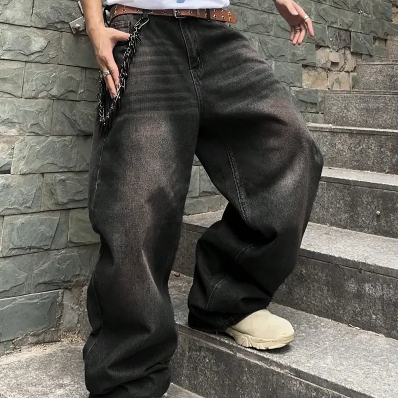 Straight Leg Denim Jeans Cotton Slant Pockets Washed Jean, Casual Versatile Plain Streetwear Fashion Aesthetic Wide Leg Jeans, Loose Fitting Denim, Couple Matching Straight Fit Loose Fit Plain Denim Trousers, Relaxed Fit Jeans