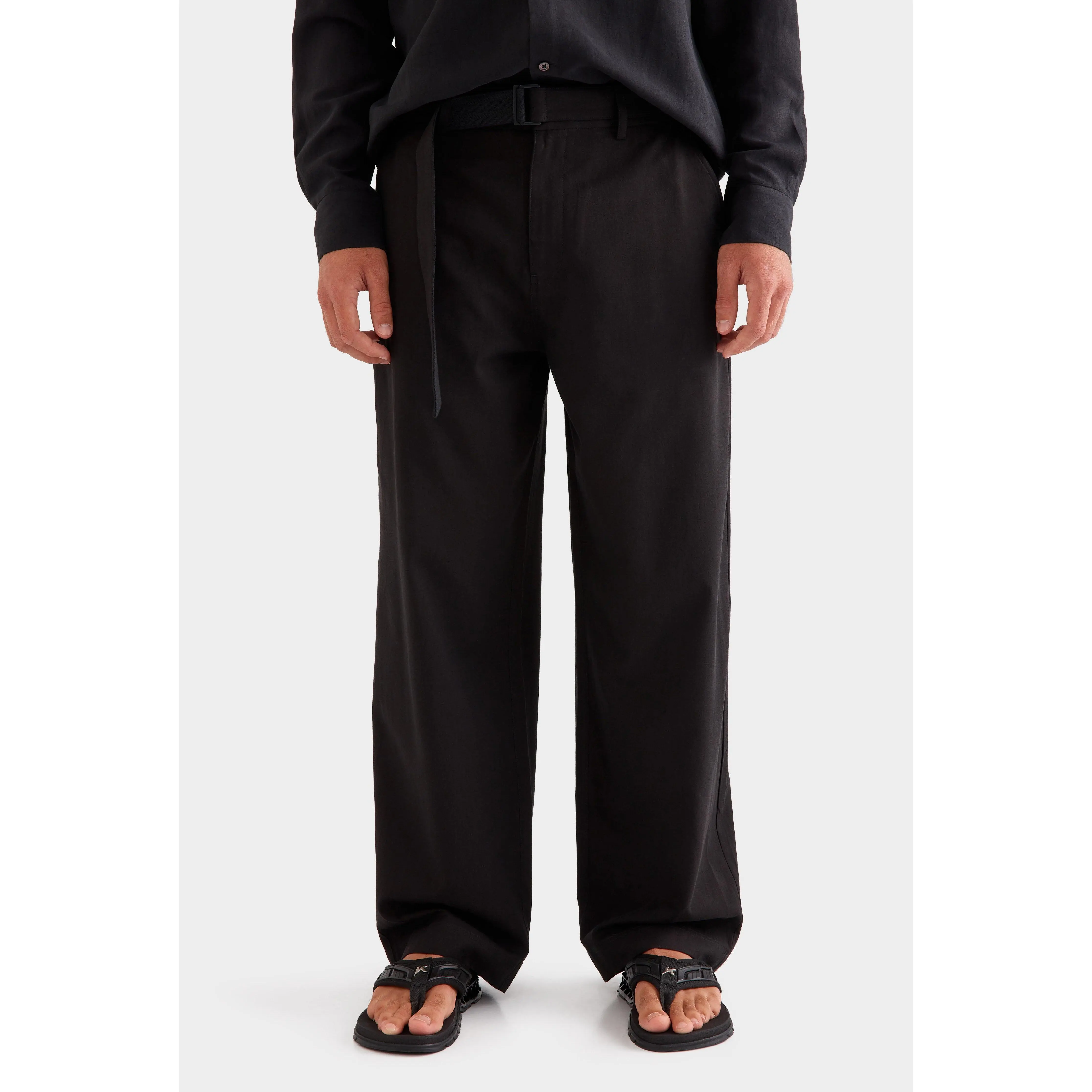 Cotton Tencel Belted Trouser - Black