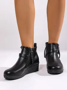 Women's fashion wedge short boots with side zippers and Rubber sole for easy wear and removal, suitable for daily commuting and office work, stylish and comfortable, perfect for casual occasions, making a unique fashion statement Design
