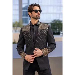 Trivon Rhinestone Blazer - Elegant Geometric Patterned Fabric Blazer with Decorative Elements for Men in Dark Color Slim Fit Long Sleeves Pocket Henley Menswear Rayon
