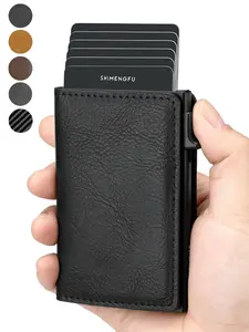 Men's Pop-Up Rfid Anti-Theft Card Wallet, Leather Ultra-Thin Automatic Card Holder, Minimalist Metal Case for 8 Cards and Cash