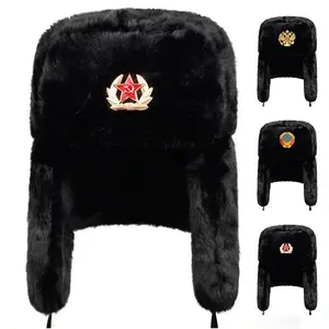 Russian Bomber Cap Outdoor Warm Earmuffs Men and Women Universal Winter Ski Caps Military Badge Thickened Hats