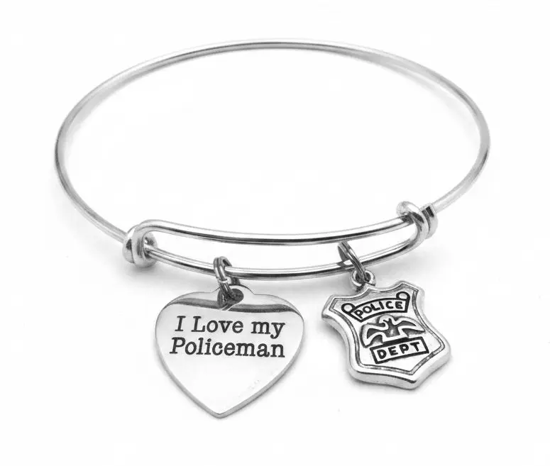 I Love My Policeman Bracelet – Police Badge Charm Bangle | Police Wife Gift