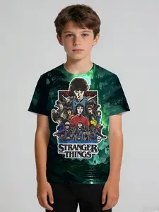 Boys' Summer Creative Fashion Stranger Things IP Cartoon Character Collection Film & TV Trendy Style Pattern Printed Short-Sleeve T-Shirt/Comfortable Casual Versatile Wearable, Soft Breathable Top/Gift