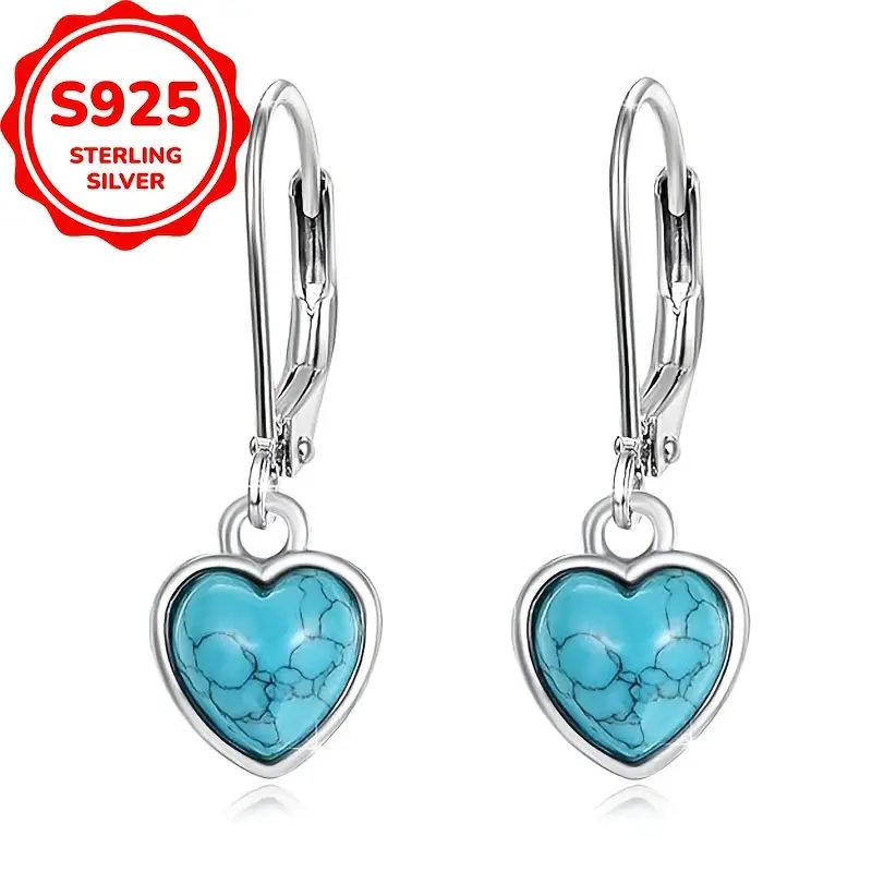 Women's Retro Heart Shaped Earrings, S925 Sterling Silver Turquoise Pendant, Lightweight & Hypoallergenic Jewelry for Daily Wear or Gifting, Retro Charm hoop