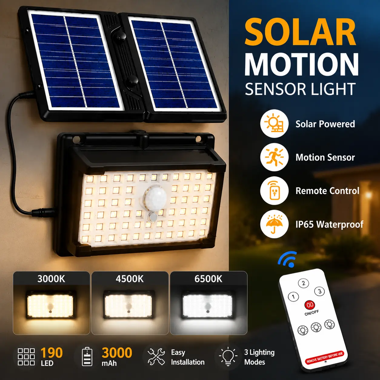 1-2pcs Solar-Powered 190 LED Motion Sensor Flood Light - Outdoor Wall Light, 5-Sided Ultra Bright, Clip-On & Hanging, Solar+USB Charging, 16.4FT Extension Cable, IP65 Waterproof, for Shed, Outdoor Patio, Balcony, Entryway Home Security