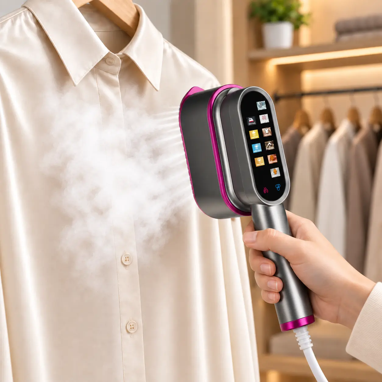 Houseony 2-in-1 Dry & Steam Garment Steamer Iron, 5s Fast Heat-Up, 120V Input, US Plug,Ceramic Sole, Large Iron Plate, 1-Touch Operation, High Powered Steam,7 Modes with LED Display, 90° Swivel Handle,Foldable Handle, Compact Portable for Home & Travel