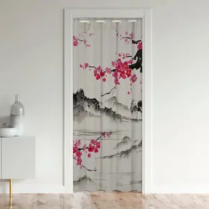 Japanese Style 30%-50% Blackout Door Curtain,Japanese Ukiyoe Window Treatments,Sakura Flower Traditional Retro Theme Pink Window Treatments
