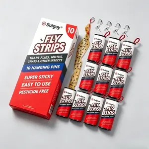 Sulguy Pesticide Free Fly Strips Indoor 10pk Sticky Hanging. Super Strong Adhesive Fly Ribbon Trap Roll for Home. Fruit Fly Catcher for Kitchen. Gnat Killer and Housefly Trap with Pin