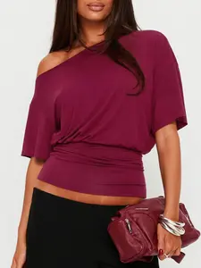 Women's Cinched Waist Asymmetrical One Shoulder Crop Top Sexy Solid Off The Shoulder T-Shirt