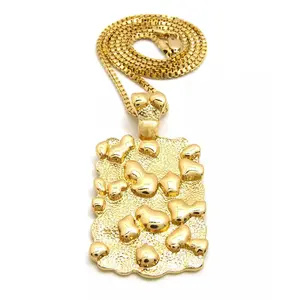 MaxBling81 Golden Nugget Dog Tag Pendant Hip Hop Necklace - 2mm Brass Box Chain, Multiple Lengths (18"/20"/24"), Unisex Daily Wear Costume Fashion Accessory