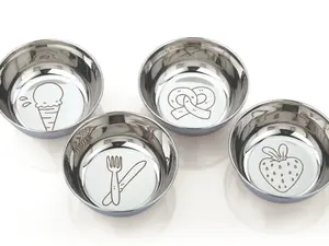 Busy Benny Stainless Steel Snacking Bowl Set. Give your kids a surprise as they uncover one of the four cute designs on the bottom of their cereal, mac and cheese, fruit salad, ice cream or whatever snack you're serving them!