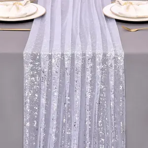 10 Ft White  Gauze Table Runner 120 Inch Glitter Metallic Foil Sheer Tulle Cheesecloth Table Runner Sequin Bridal Wedding Birthday Anniversary Christmas Dining  Decor for Party