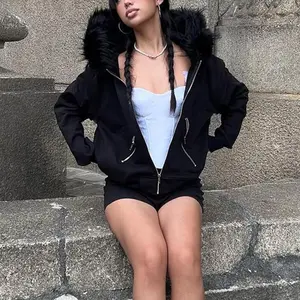 Y2K Goth Dark Grunge Egirl Streetwear Women's Faux Fur Collar Hooded Zip Up Hoodie Autumn Black Jacket with Pockets Gothic Cardigan