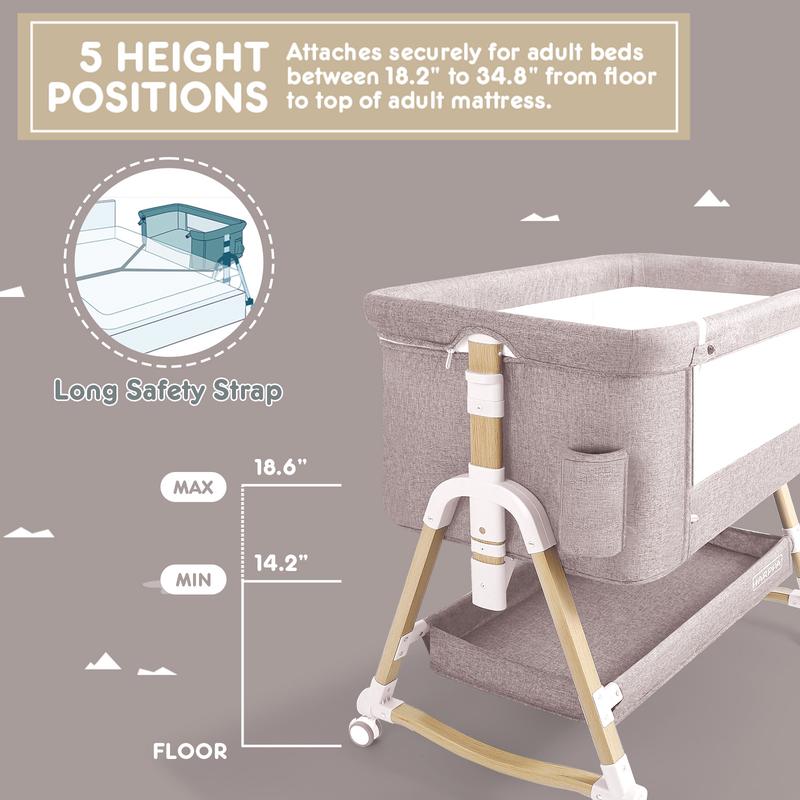 HARPPA 3-in-1 Foldable Baby Bassinet Bedside Sleeper, Rocking Bassinet with Mattress & Cover, Height Adjustable Bassinet for Baby with Wheels, Crib For Infant
