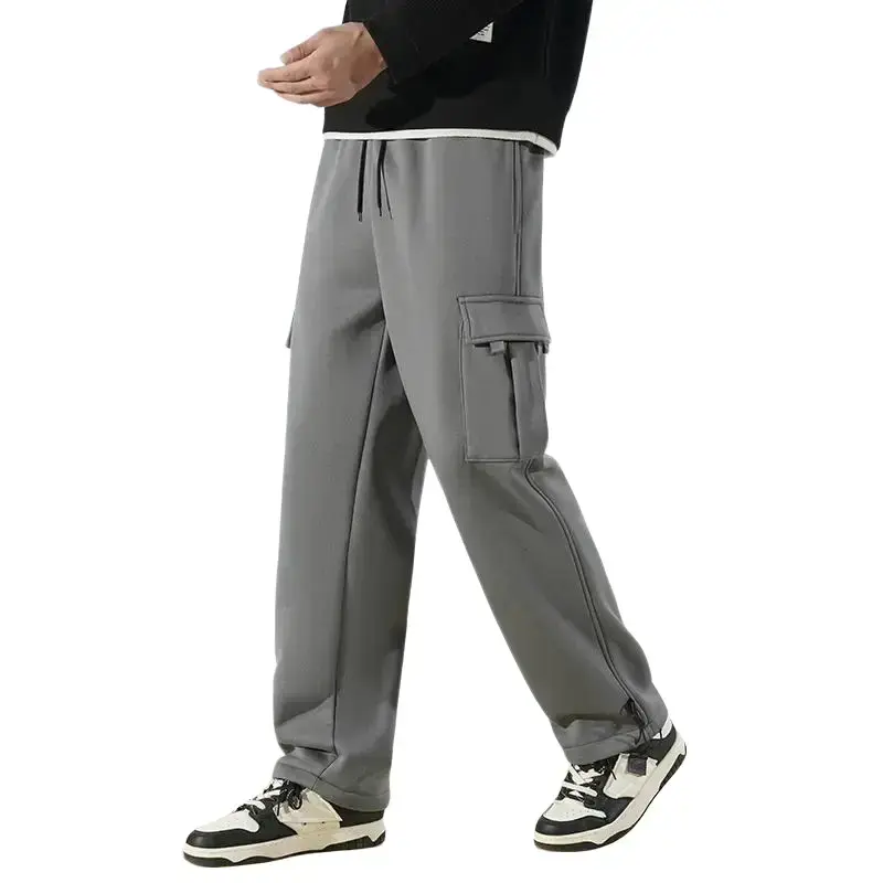 Men's Polyester Plain Work Pants - Menswear Mid-Waist Elastic Adjustable Drawstring Wide Leg Loose Fit Bottoms with Multi Pockets, Ankle Adjustment, for Daily & Hip-Hop Outdoor Use, Easy to Match with Hoodies, Sweatshirts, Jackets, Sneakers