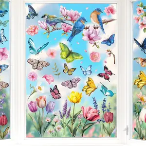 115 PCS Spring Decorations, 4 Sheets Waterproof Spring Window Clings, Double-Sided Easter Window Decorations with Flowers Butterflies Birds Designs, Colorful Easter Party Decor for Home Store