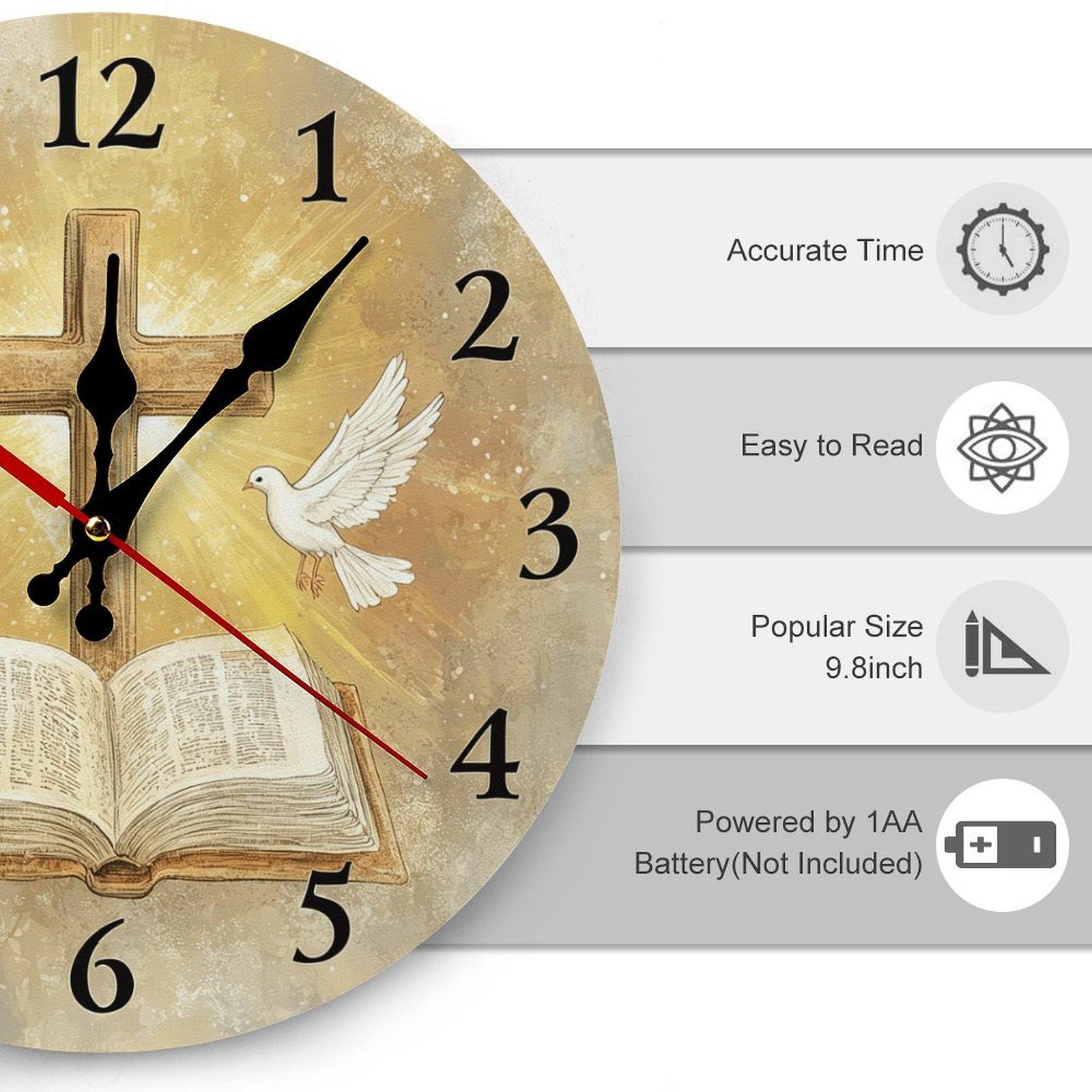 12 Inch Christian Cross Bible Dove Wooden Wall Clock | Silent Non-Ticking Religious Christian Decor, No Battery Included, Perfect for Home, Church, Prayer Room
