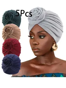 5 Piece Embroidered Knot Headscarf Caps, Vintage Solid Color Scarves, Classic Hijab Hats, Ramadan Headscarves, Women Chemotherapy Caps