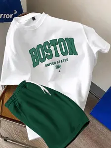 Summer Street Men's Casual Set White-Green Color Block Coconut Tree Print Cool Breathable Outfit