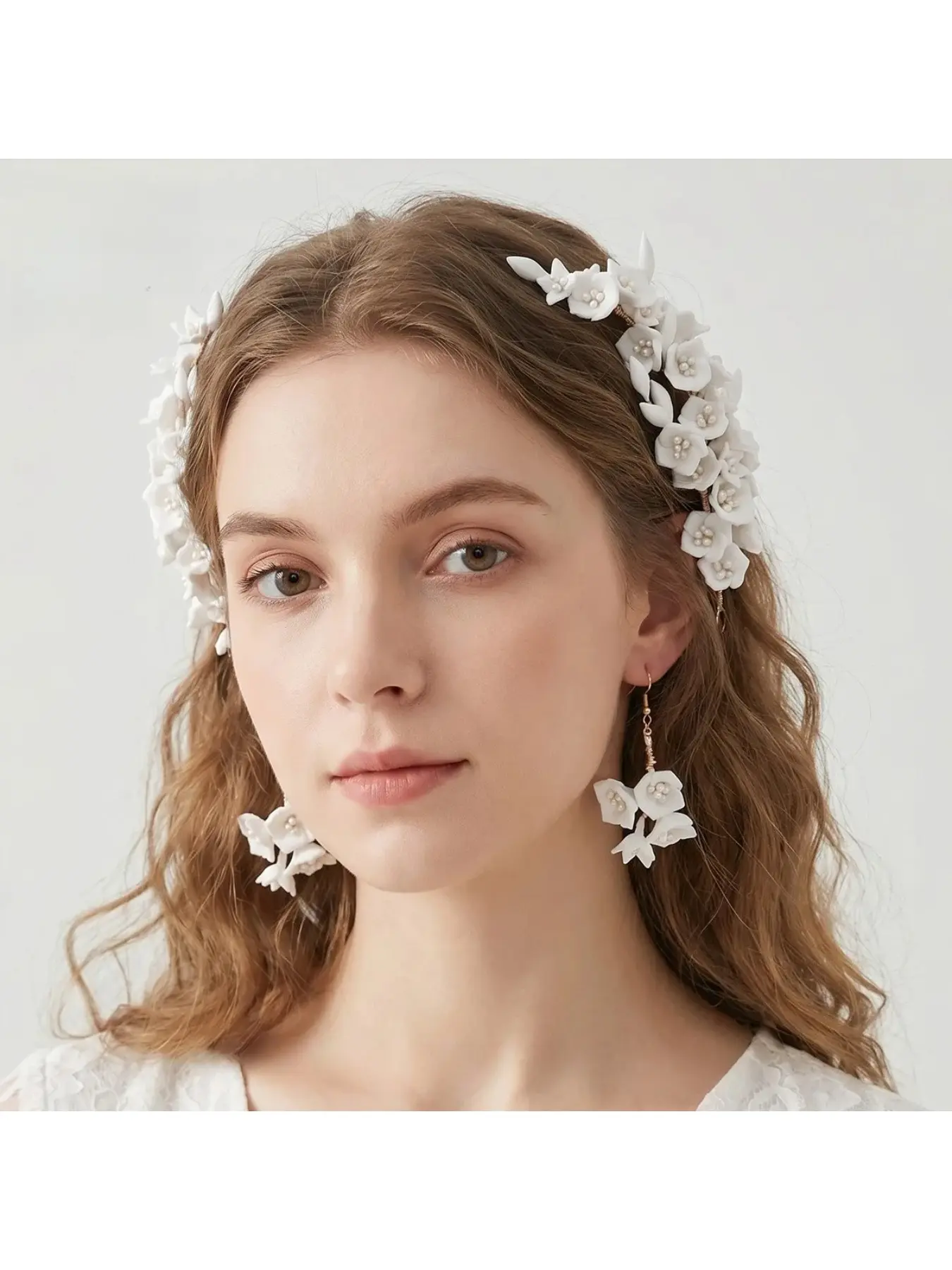 Forest-themed handmade clay flower hair accessories earrings set exotic bridal wedding styling handmade ornaments