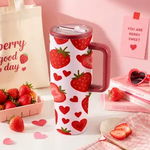 1 Pc 40 Oz Strawberry Heart Stainless Steel Insulated Cocktail Tumbler with Handle and Lid, Double Wall Vacuum Thermal Cup, Hot and Cold Drinkware, Cute Sweet Aesthetic, Perfect for Valentine’s Day, Birthday and Gift.