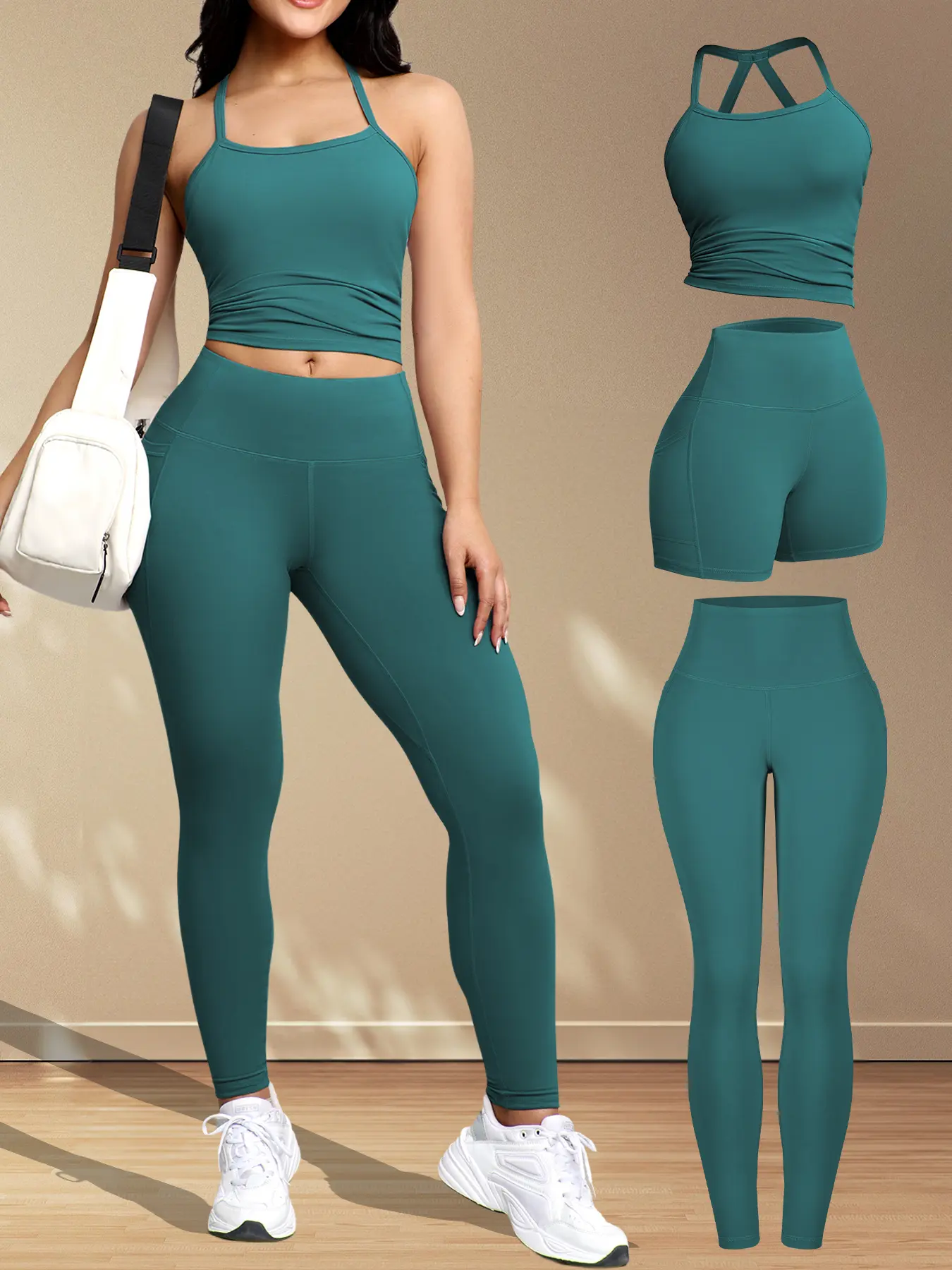 3 Piece Set, Women's Casual Fitness Crossback Vest Sport Shorts High Waist Running Exercise Pocket Underwear Set Sports Fitness Wear Athletic Sports Clothing Workout Gym Outfit Workout Running Outfits Casual Sporty Set