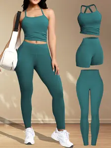 3 Piece Set, Women's Casual Fitness Crossback Vest Sport Shorts High Waist Running Exercise Pocket Underwear Set Sports Fitness Wear