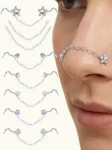 Stainless Steel Cz Nose Chain Piercing, 20g S Bone Shaped Nose Ring, Corkscrew Nose Piercing Jewelry, Body Piercing Jewelry, Imitation Diamond Flower Cz Opal, Nose Ring Chains