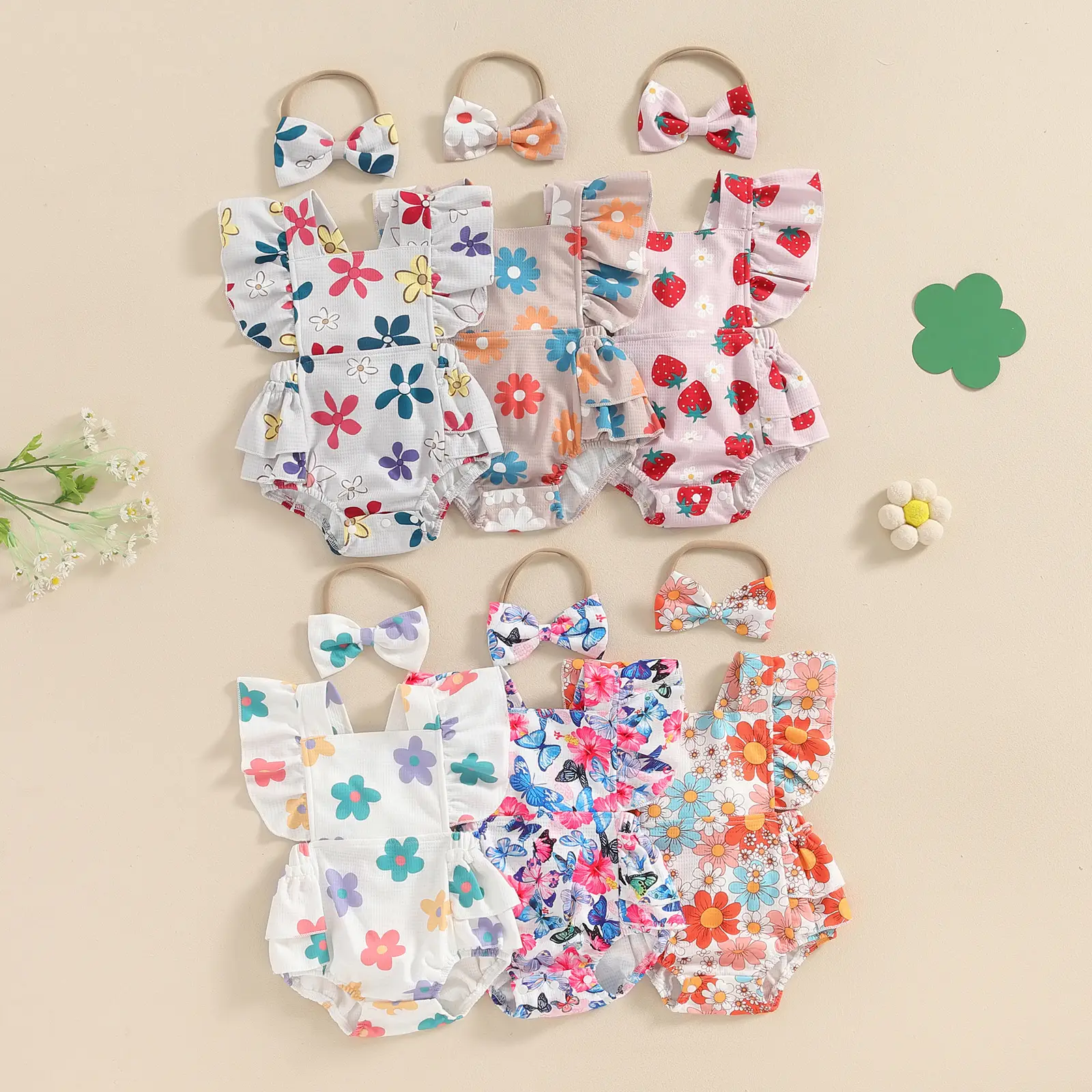 Little Baby Girls 2Pcs Summer Outfits Fly Sleeve Flower Print Bodysuit with Headband Newborn Clothes