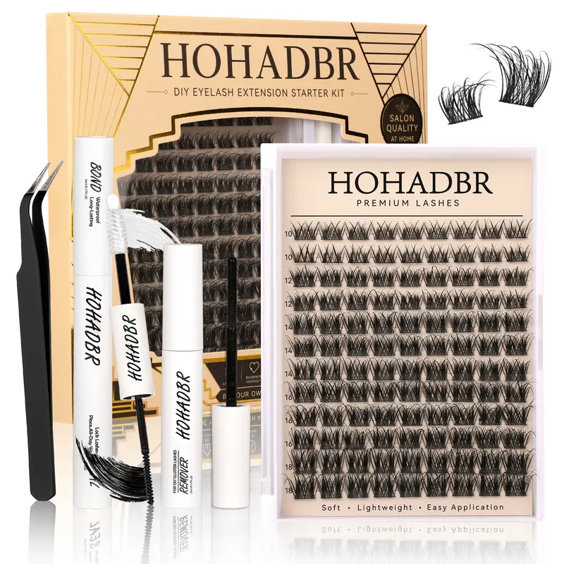HOHADBR D Curl Fairy Lash Cluster Kit - Eyelash Extensions Bundle with Lash Bond, Seal & Remover, Adults-Friendly Makeup Accessory for False Eyelashes & Adhesives, Eyelashes Extensions, Accessories Kit False Eyelashes & Adhesives