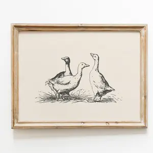 Vintage Duck Drawing: Farmhouse Country Wall Art, Room Decor, Unframed 5 size, 8x12 to 27x40 inch