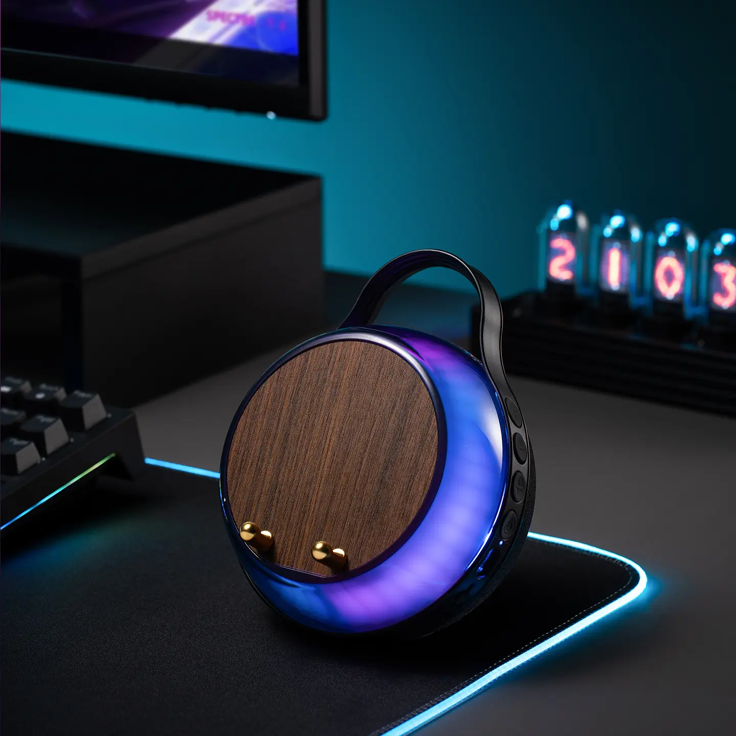 Portable Wooden Induction Bluetooth Speaker with Wood Grain, 1500mAh Battery, Focus Light, RGB Lights, Party Sync Rhythmic Effects, Stand Mount, Black - Ultimate Cool Tech Gift for Him/Her
