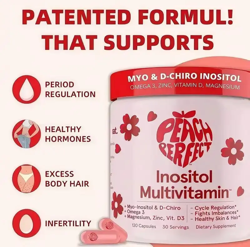 Peach Perfect Happy Hormones PCOS Multivitamin Capsules - Myo-Inositol & D-Chiro Inositol, Omega 3, Zinc, Vit D, 120 Count, Acne Support, Energy Boost, GMO-Free Essential Vitamins & Minerals