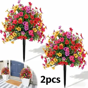 2PCS Artificial Flowers for Outdoor Indoor Garden Home Decoration, Plastic Faux Flowers, Faux Flower Daisy with Eucalyptus Leaves Fake Plants Greenery Boxwood Porch Patio