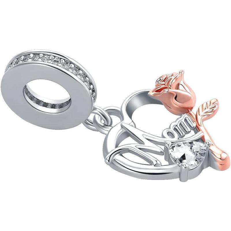 Mom Charm Compatible with Pandora Bracelet Women Rose Gold Flower Love Heart Dangle Mother Bead from Daughter Son Birthday