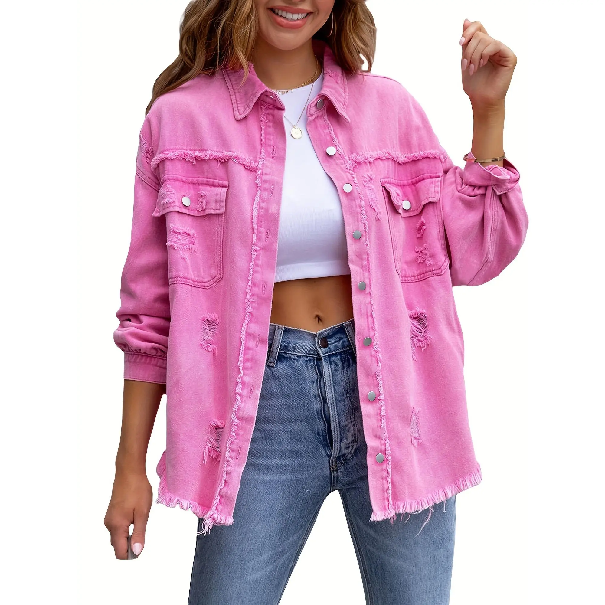 Women's Chic Black Denim Jacket - Mid-Length with Frayed Edges & Distressed Details, Casual Single-Breasted Button-Up with Lapel Collar & Flip Pockets, Perfect for Spring/Fall, Spring Fall Jacket|Chic Casual Look|Cotton Polyester Blend