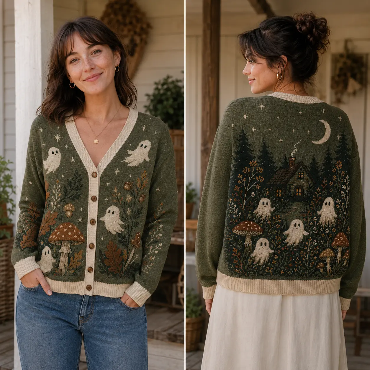 Women’s Halloween Ghost Cardigan Sweater, Cozy Mushroom Knit Button Down Cardigan, Spooky Fall V Neck Sweater, Cute Autumn Long Sleeve Cardigan