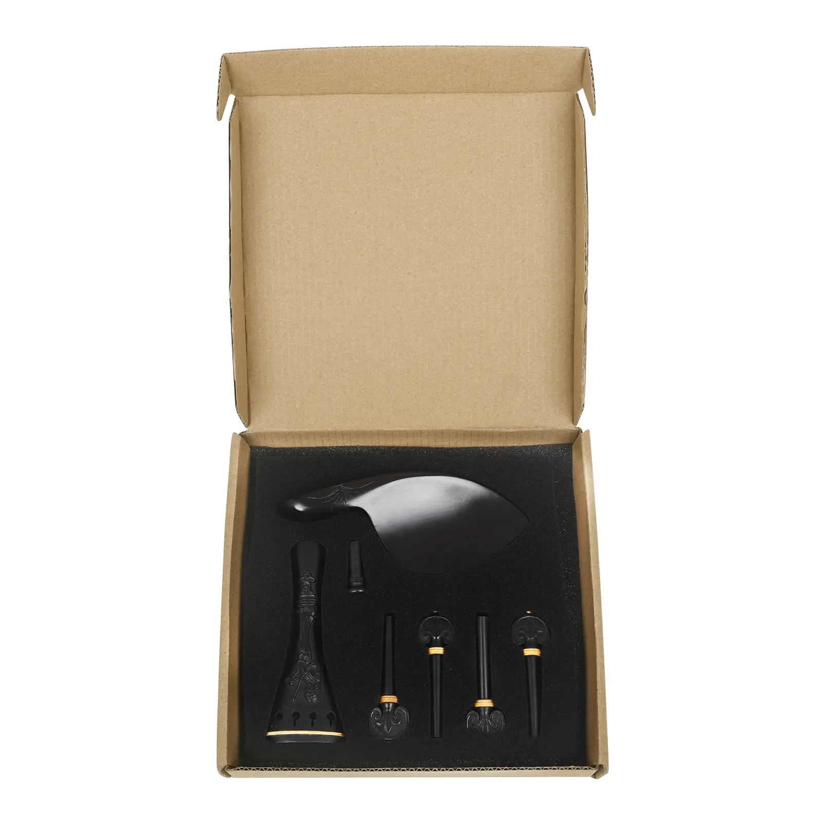 Violin Parts Ebony Carved Set of 4 (fretboard + Tuning Pegs + Tailpiece + Chin Rest) 4/4-3/4 Paper Box, Violin Accessories