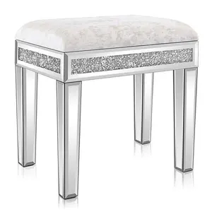 summervibes Silver Rhinestone Vanity Stool with Modern Mirrored Design and Comfy Velvet Seat for Bedroom