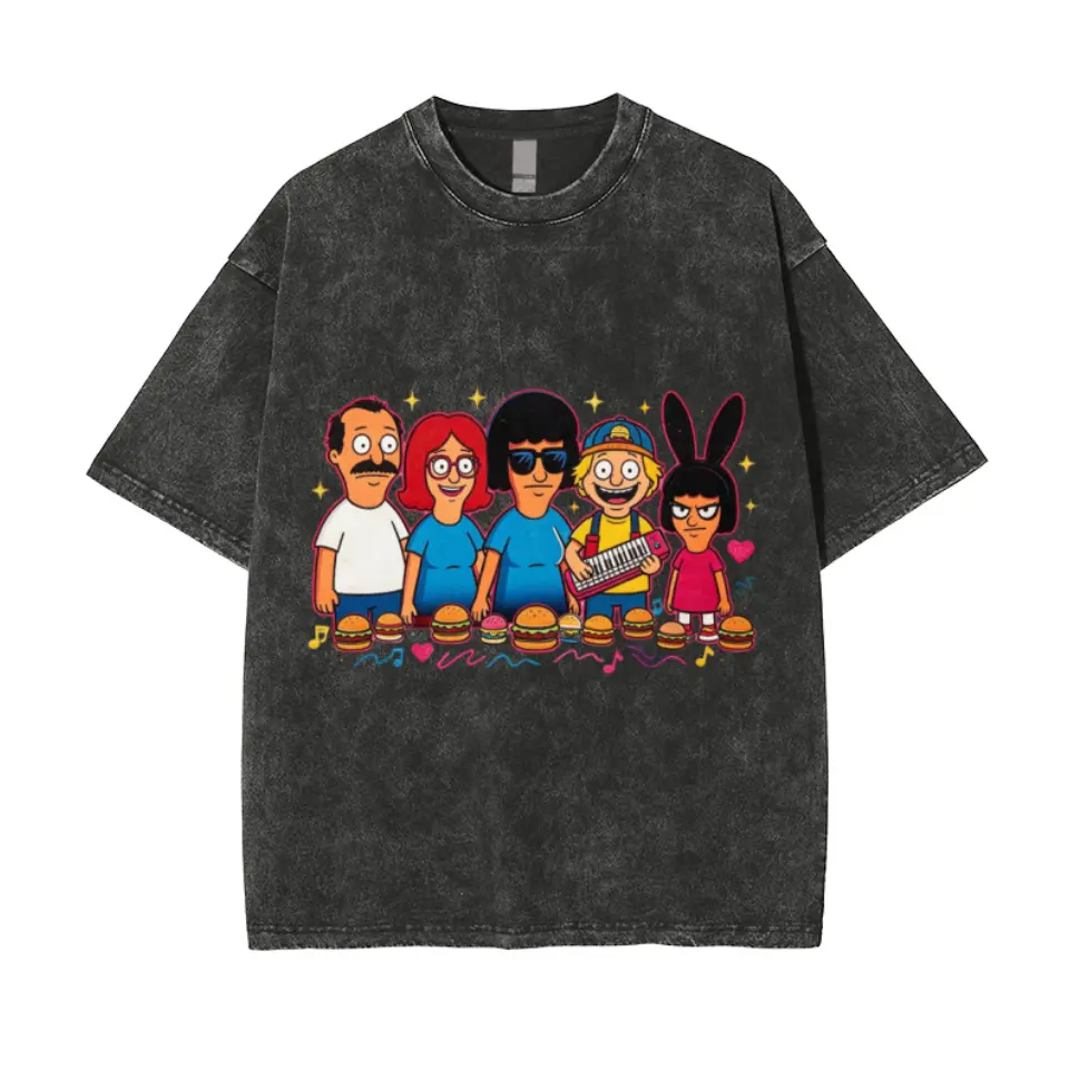 Bob's Burgers Belcher Family Vintage Wash Tee, Unisex Retro Cartoon Graphic Short Sleeve T-Shirt Casual Crewneck