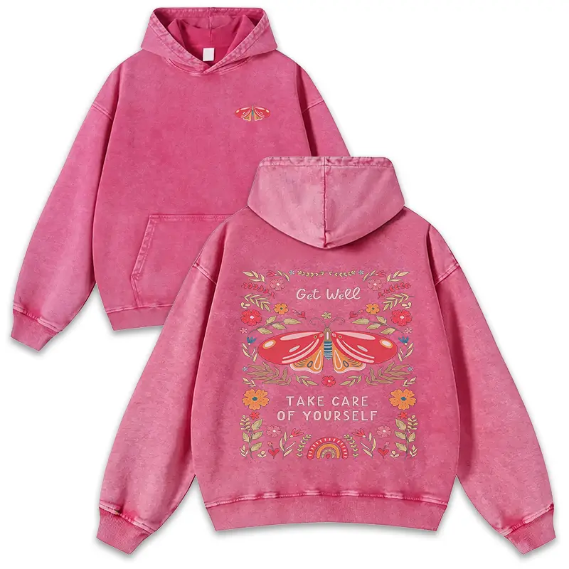 Retro distressed olive hoodie, boho folk floral moth graphic sweatshirt, oversized casual long-sleeve pullover tops printed with positive self-care words Womenswear Jeans