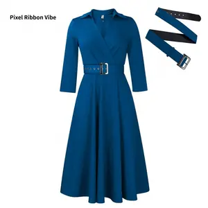 Elegant A-line Skirt for Women V-neck Hidden Pocket Detachable Belt Casual Office Wedding Guest Dress Pocket Soft Zipper