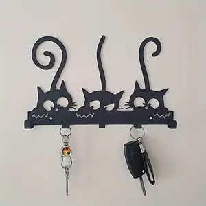 Metal Cat Wall Hook 1 Piece Rustproof Iron Key Holder with 5 Decorative Hooks for Keys Hats and Towels, Functional Wall Mount Storage Solution, Wall Mounted Hook