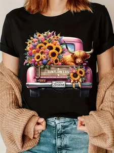 Women's Funny Scottish Cow & Sunflowers Farm T-Shirt - Highland Cattle Sitting in Pink Pickup Truck Print, Soft Round Neck Casual Summer Tee for Scottish Cow Lovers, Scottish Heritage Apparel, Birthday or