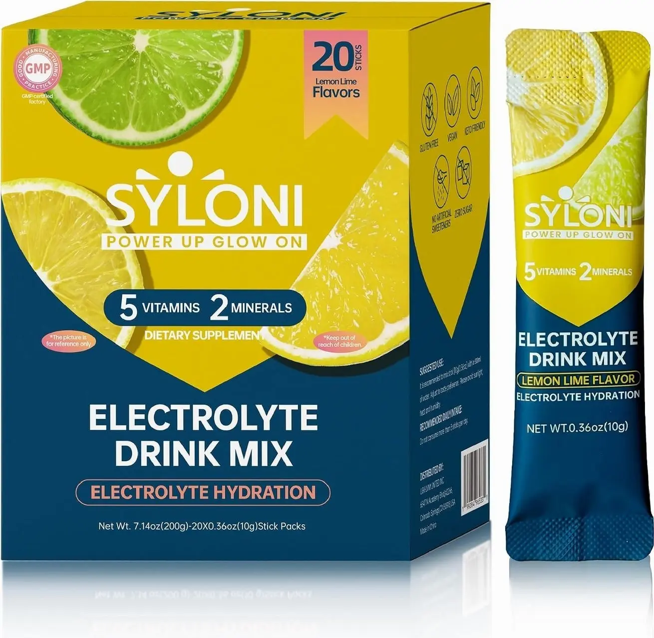 Electrolytes Powder Packets, Lemon Lime（20 Sticks, Sugar Free Hydration Packets Electrolyte Drink Mix with 7 Vitamins and Electrolytes, Keto Friendly, Vegan, Gluten Free