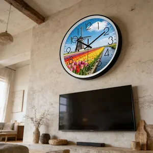 Chinese-Western Landscape Wall Clock, Dutch Windmill Tulip Design, New Oriental Tea Room Decorative Silent Clock, Home Decoration